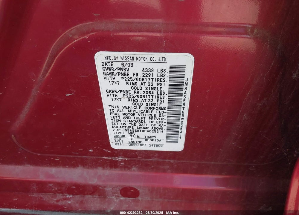 2008 NISSAN ROGUE VIN: JN8AS58T88W025316