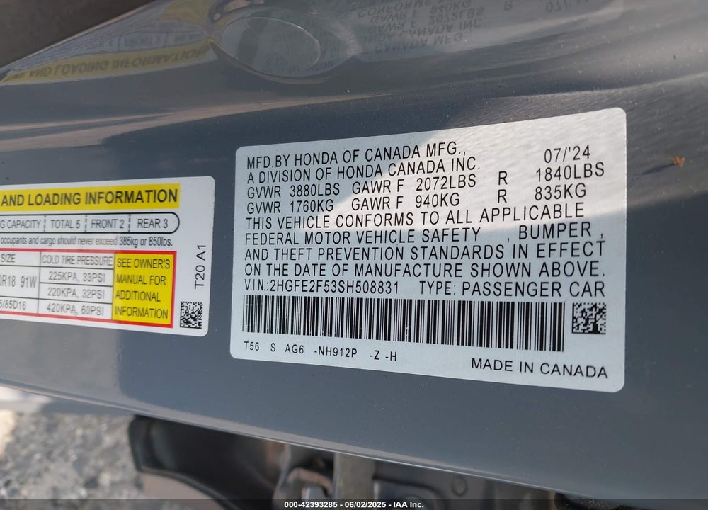 2025 HONDA CIVIC VIN: 2HGFE2F53SH508831