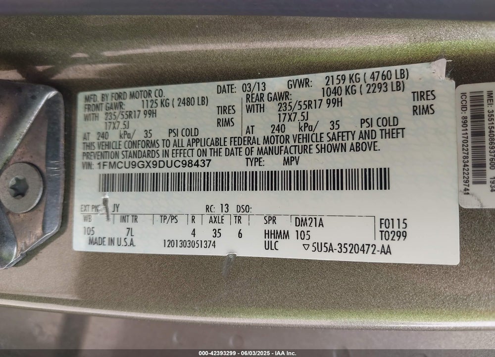 2013 FORD ESCAPE VIN: 1FMCU9GX9DUC98437