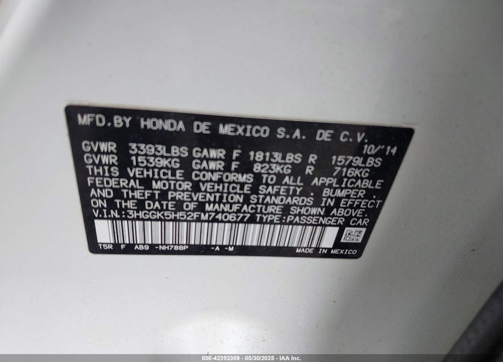 2015 HONDA FIT VIN: 3HGGK5H52FM740677