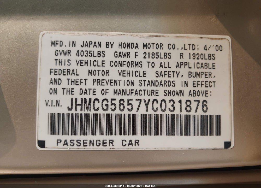 2000 HONDA ACCORD 2.3 EX VIN: JHMCG5657YC031876