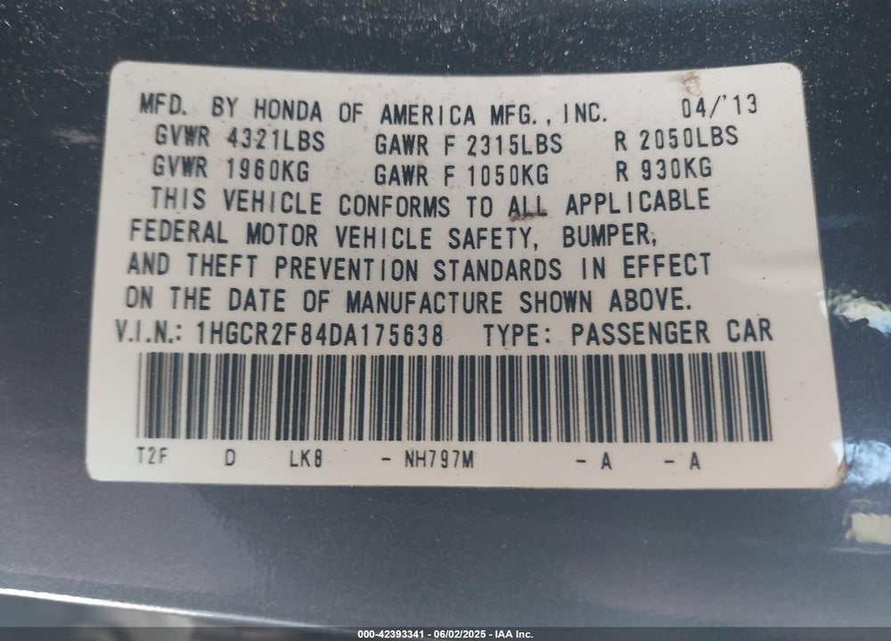 2013 HONDA ACCORD VIN: 1HGCR2F84DA175638