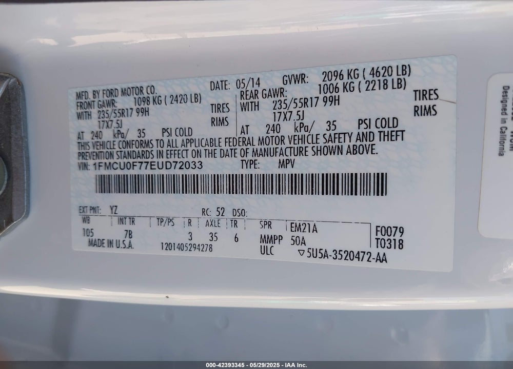 2014 FORD ESCAPE VIN: 1FMCU0F77EUD72033