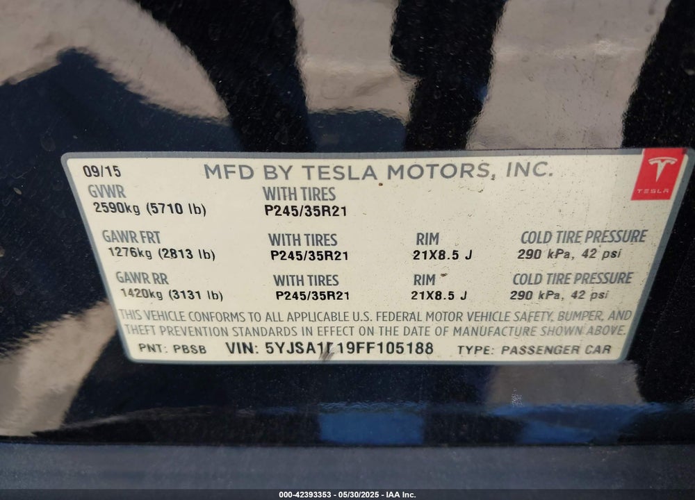 2015 TESLA MODEL S 60/70/85 VIN: 5YJSA1E19FF105188