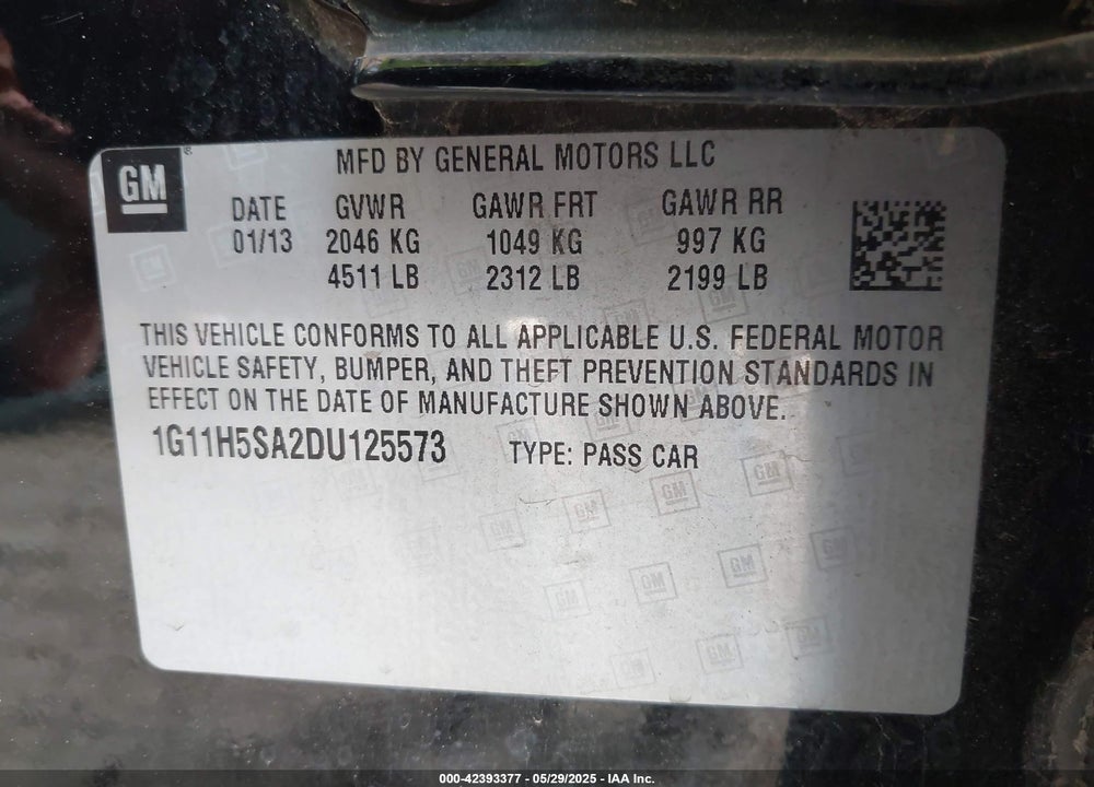 2013 CHEVROLET MALIBU 1LZ VIN: 1G11H5SA2DU125573