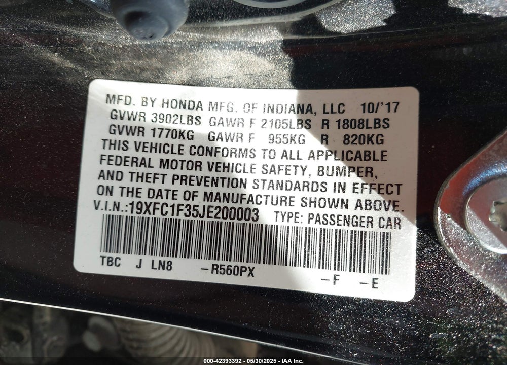 2018 HONDA CIVIC EX-T VIN: 19XFC1F35JE200003