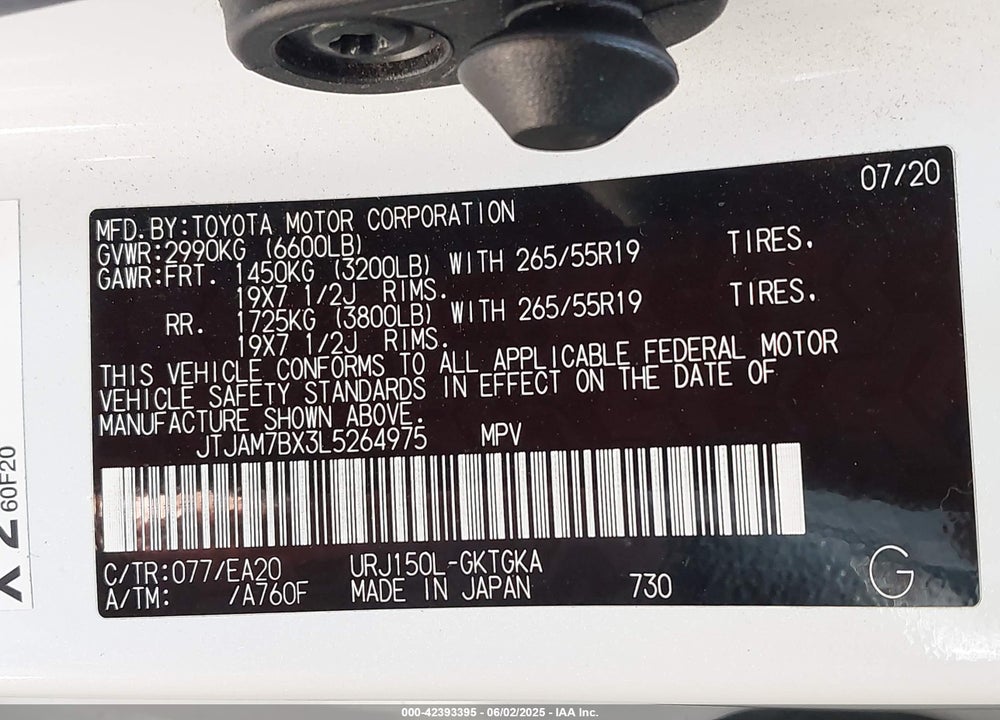 2020 LEXUS GX460 VIN: JTJAM7BX3L5264975