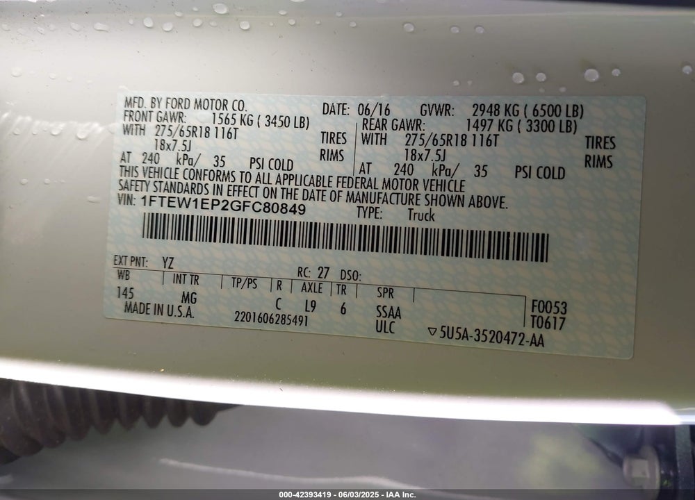 2016 FORD F-150 XLT VIN: 1FTEW1EP2GFC80849