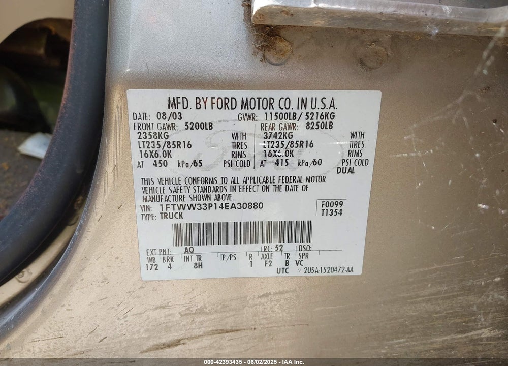 2004 FORD F 350 VIN: 1FTWW33P14EA30880