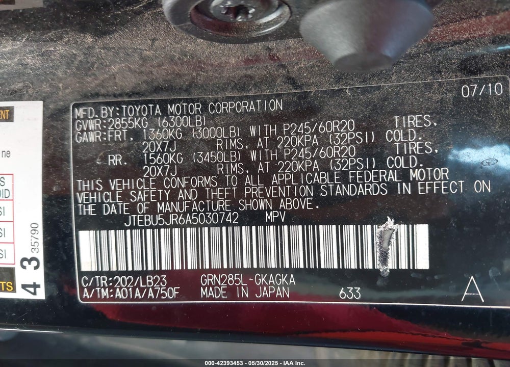 2010 TOYOTA 4RUNNER VIN: JTEBU5JR6A5030742
