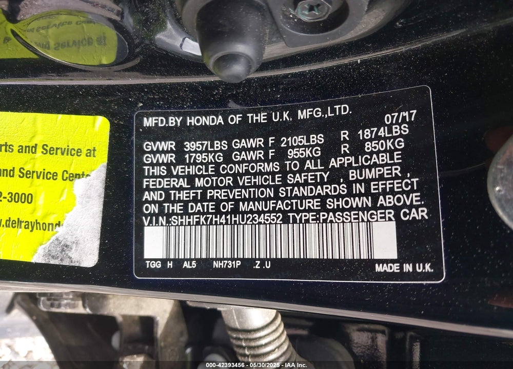2017 HONDA CIVIC VIN: SHHFK7H41HU234552