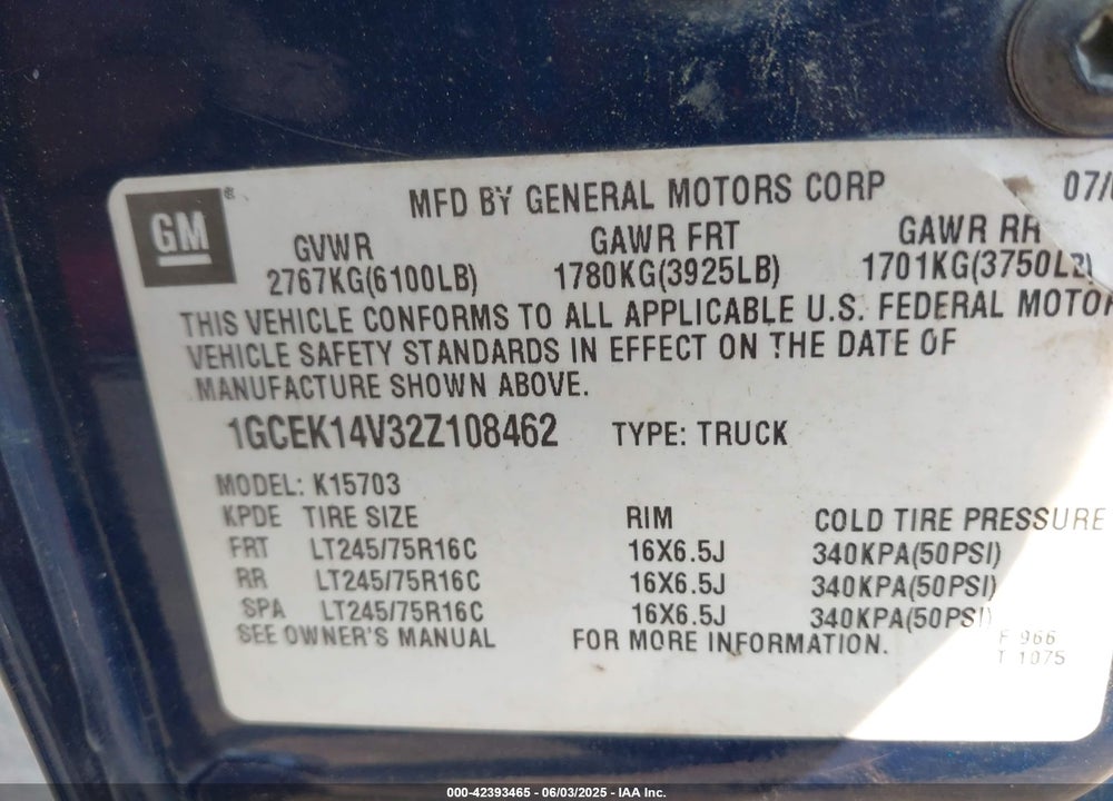 2002 CHEVROLET SILVERADO 1500 VIN: 1GCEK14V32Z108462