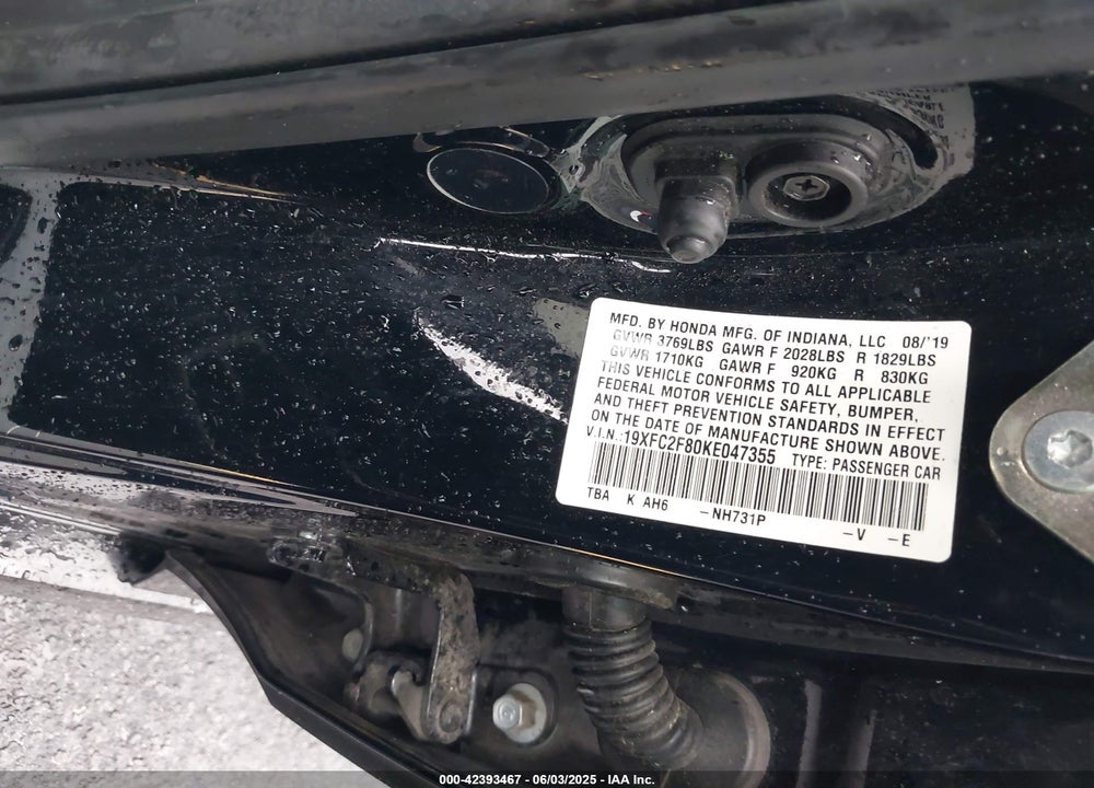2019 HONDA CIVIC VIN: 19XFC2F80KE047355