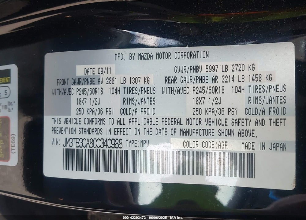 2012 MAZDA CX-9 VIN: JM3TB3CA8C0340988