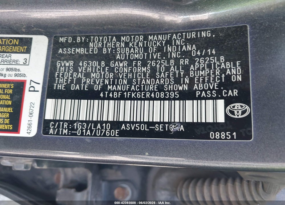 2014 TOYOTA CAMRY XLE VIN: 4T4BF1FK6ER408395