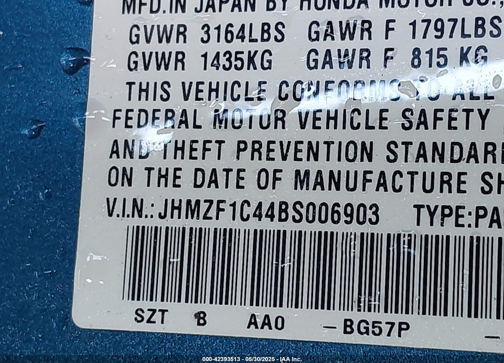 2011 HONDA CR-Z VIN: JHMZF1C44BS006903