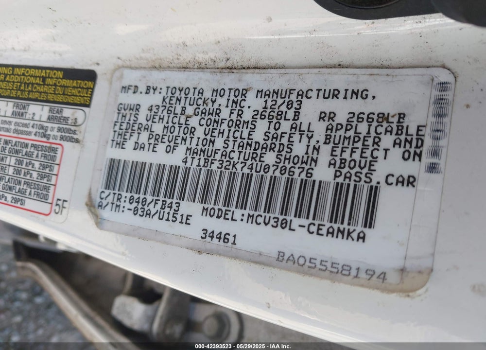 2004 TOYOTA CAMRY LE V6 VIN: 4T1BF32K74U070676