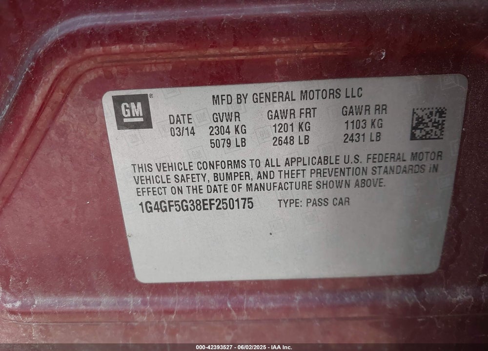 2014 BUICK LACROSSE PREMIUM II GROUP VIN: 1G4GF5G38EF250175