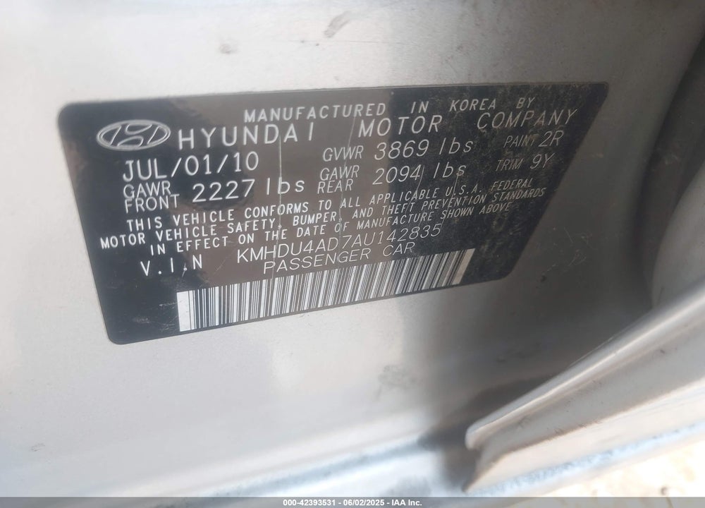 2010 HYUNDAI ELANTRA VIN: KMHDU4AD7AU142835