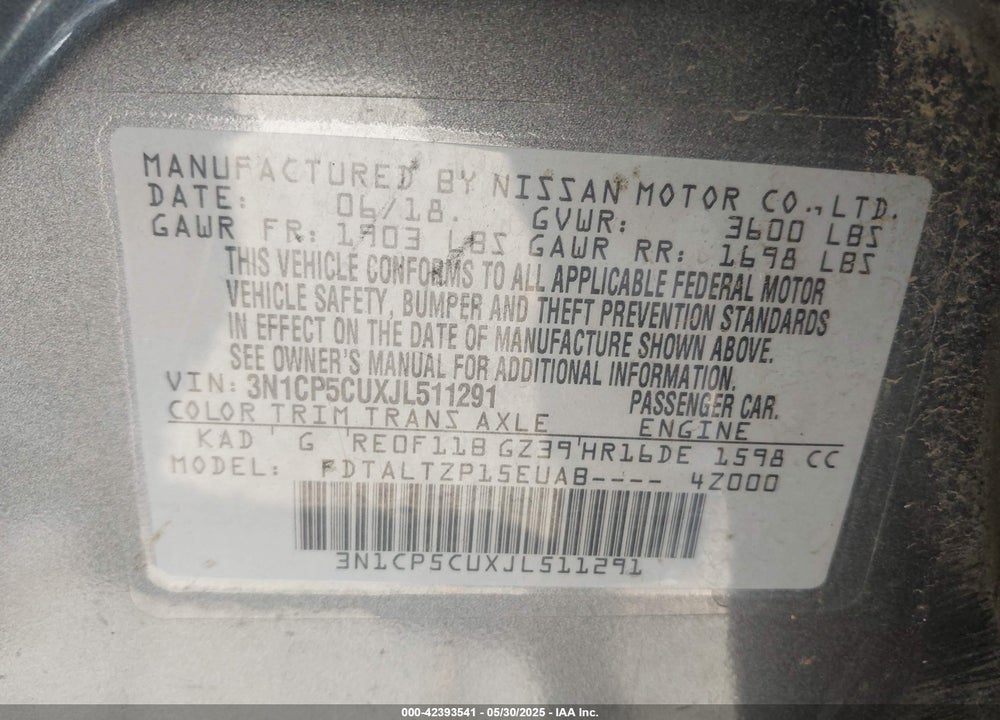 2018 NISSAN KICKS SR VIN: 3N1CP5CUXJL511291