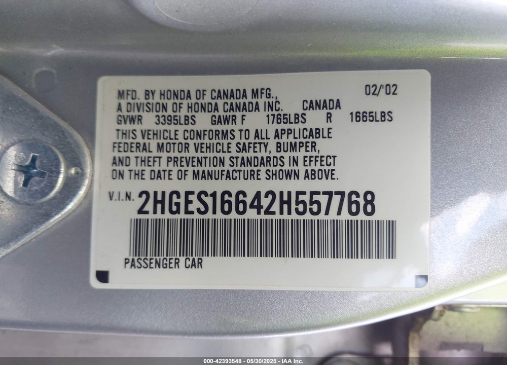2002 HONDA CIVIC LX VIN: 2HGES16642H557768