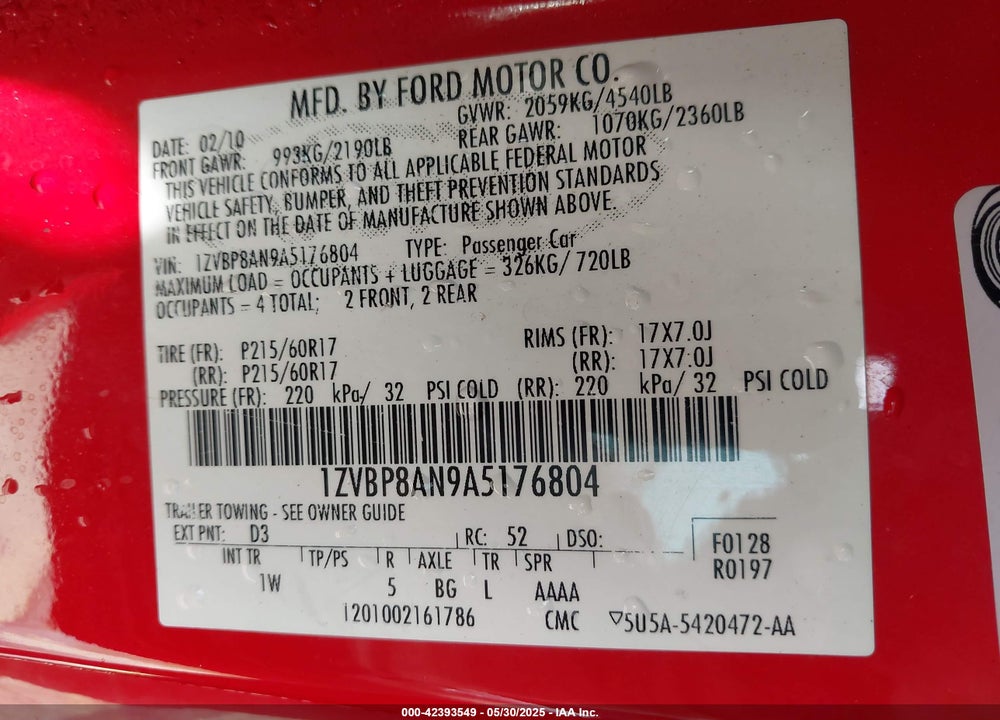 2010 FORD MUSTANG VIN: 1ZVBP8AN9A5176804