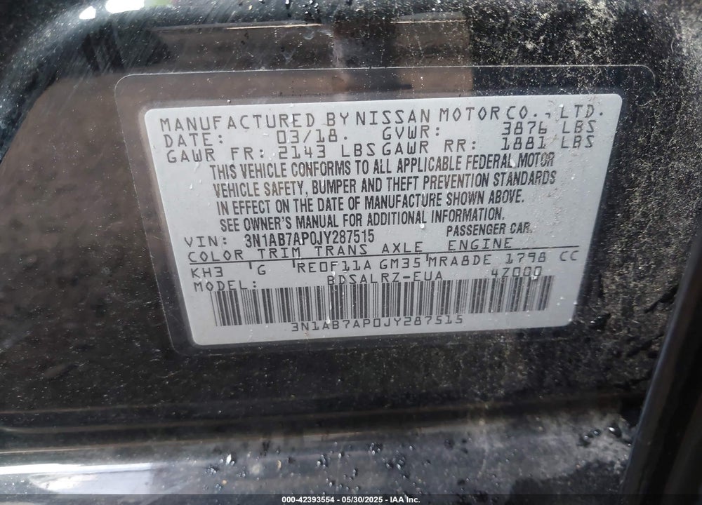 2018 NISSAN SENTRA VIN: 3N1AB7AP0JY287515