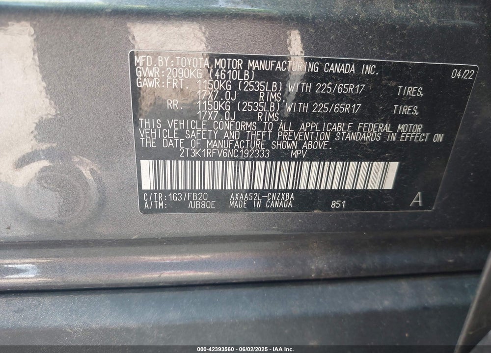 2022 TOYOTA RAV4 VIN: 2T3K1RFV6NC192333