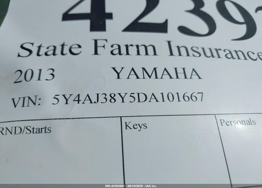2013 YAMAHA YFM550 FWA VIN: 5Y4AJ38Y5DA101667