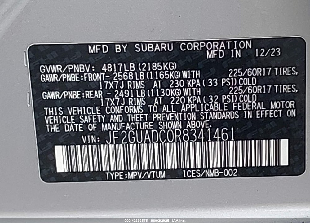 2024 SUBARU CROSSTREK VIN: JF2GUADC0R8341461