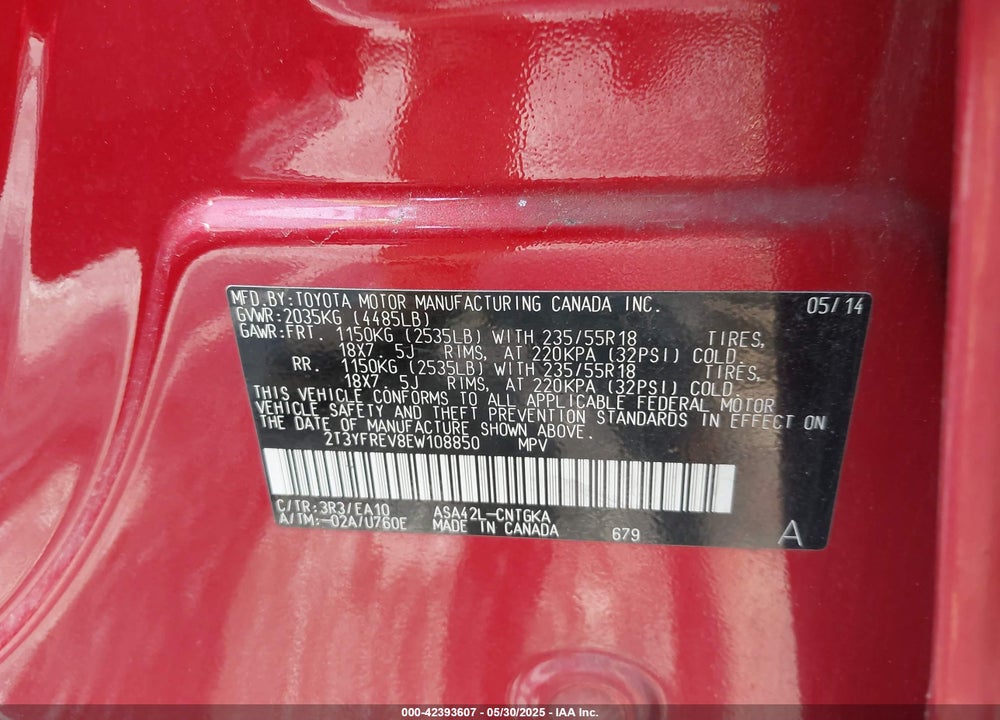 2014 TOYOTA RAV4 VIN: 2T3YFREV8EW108850
