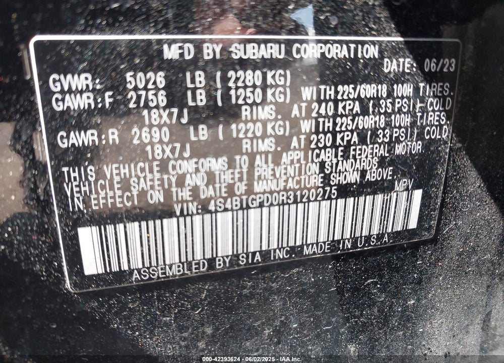 2024 SUBARU OUTBACK VIN: 4S4BTGPD0R3120275