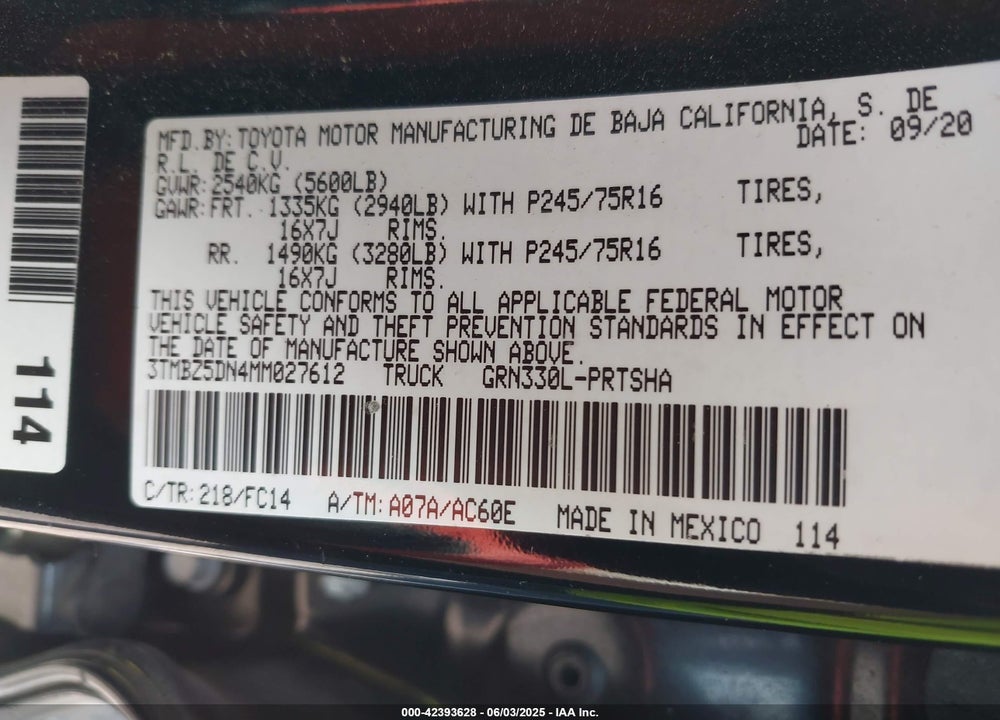 2021 TOYOTA TACOMA SR5 V6 VIN: 3TMBZ5DN4MM027612
