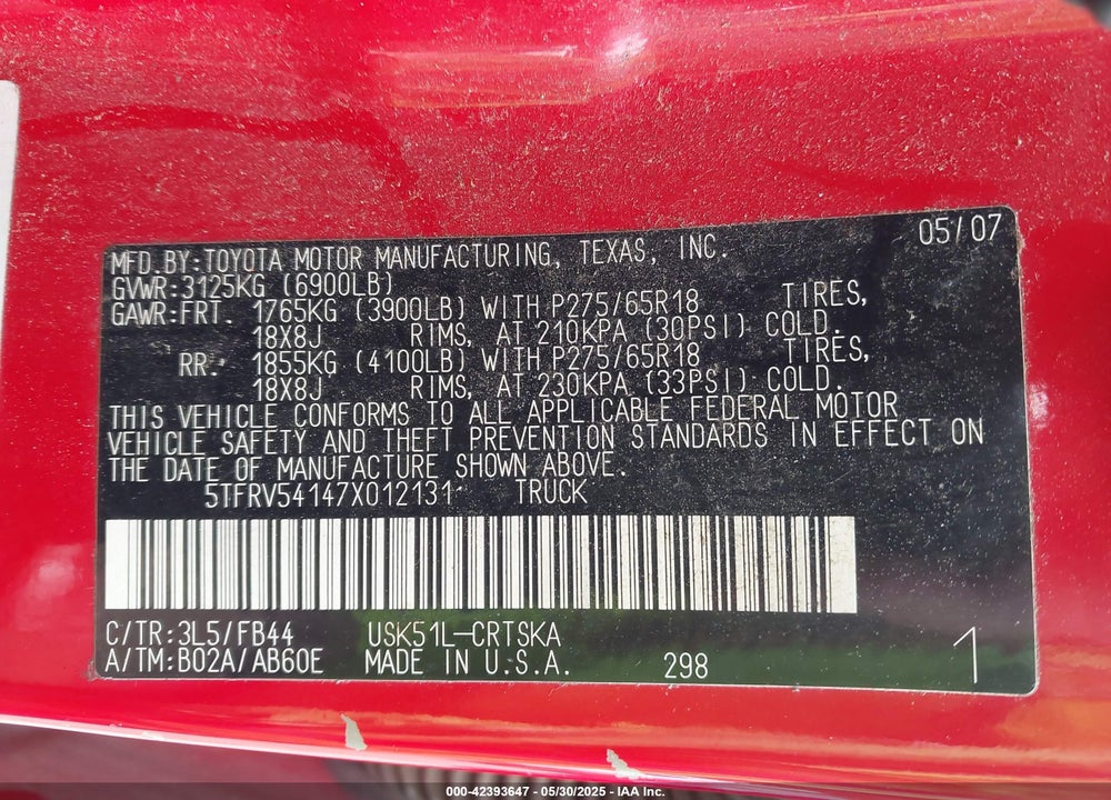 2007 TOYOTA TUNDRA VIN: 5TFRV54147X012131