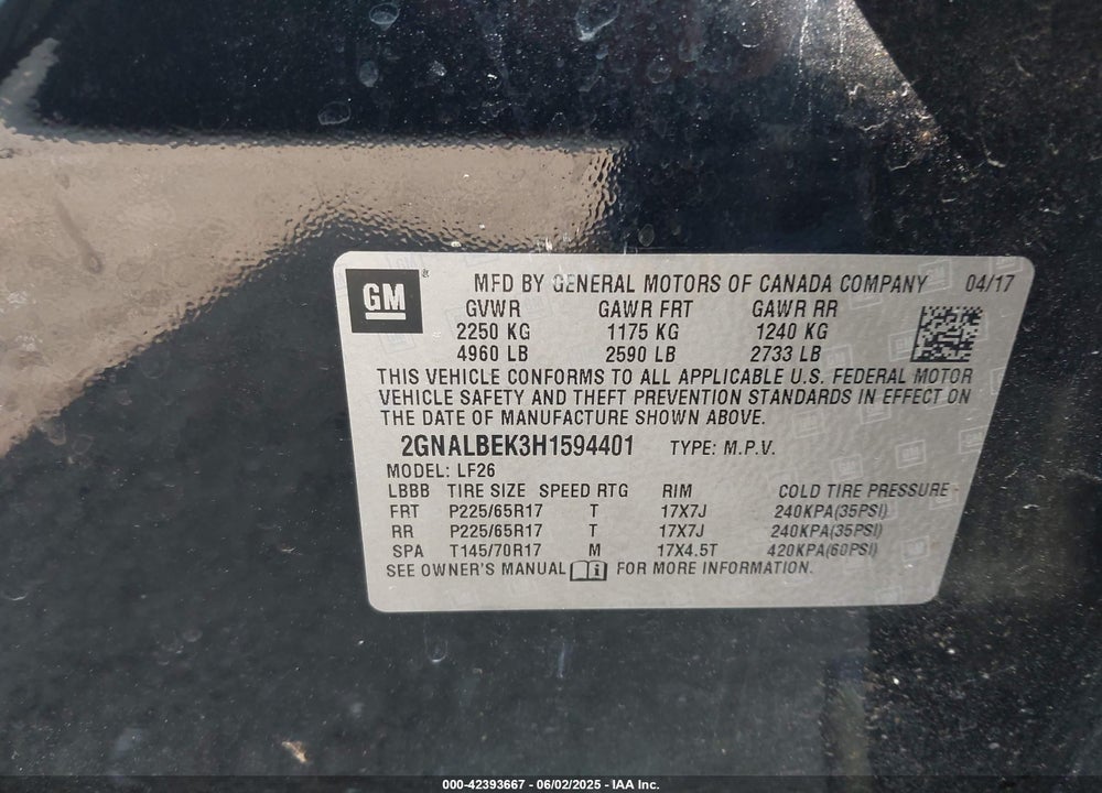 2017 CHEVROLET EQUINOX VIN: 2GNALBEK3H1594401