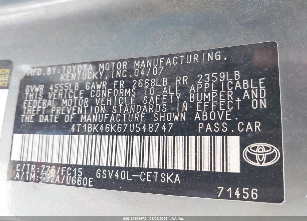 2007 TOYOTA CAMRY VIN: 4T1BK46K67U548747