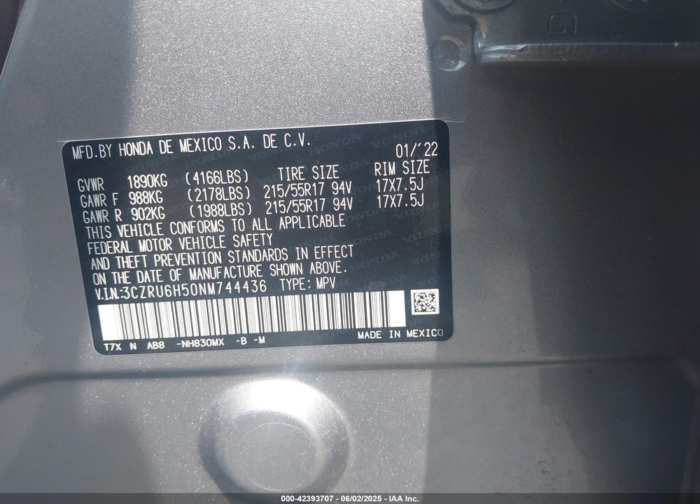 2022 HONDA HR-V AWD EX VIN: 3CZRU6H50NM744436