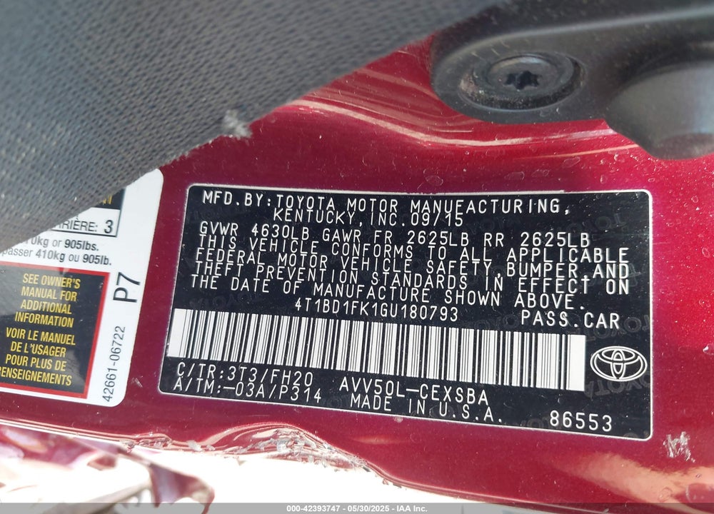 2016 TOYOTA CAMRY HYBRID VIN: 4T1BD1FK1GU180793