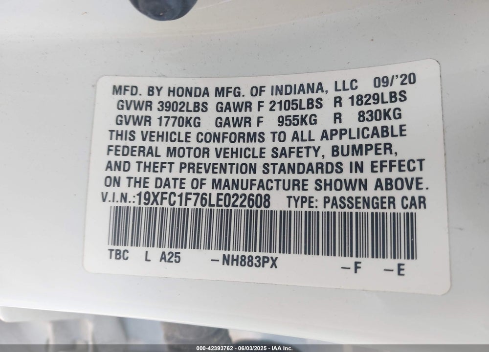 2020 HONDA CIVIC VIN: 19XFC1F76LE022608