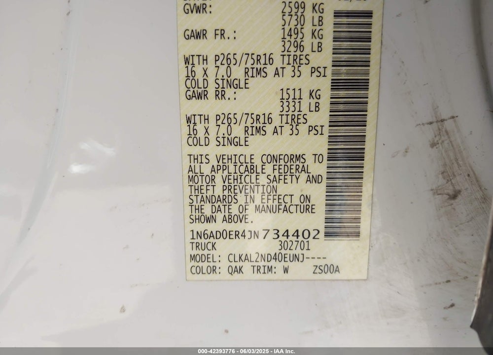 2018 NISSAN FRONTIER VIN: 1N6AD0ER4JN734402