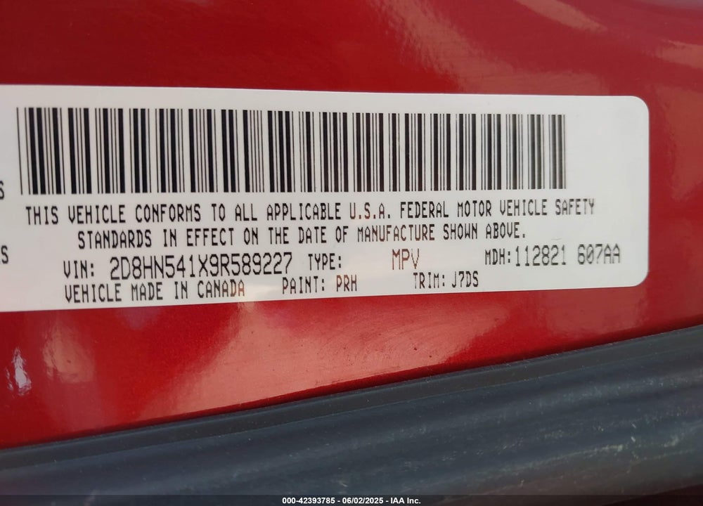 2009 DODGE GRAND CARAVAN VIN: 2D8HN541X9R589227