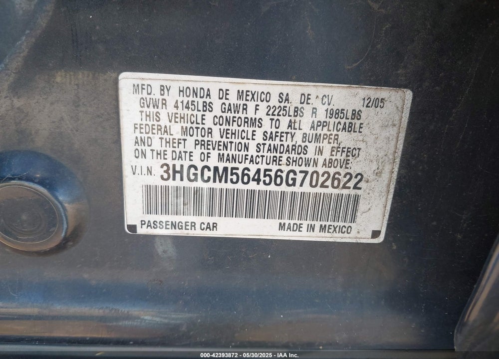 2006 HONDA ACCORD VIN: 3HGCM56456G702622