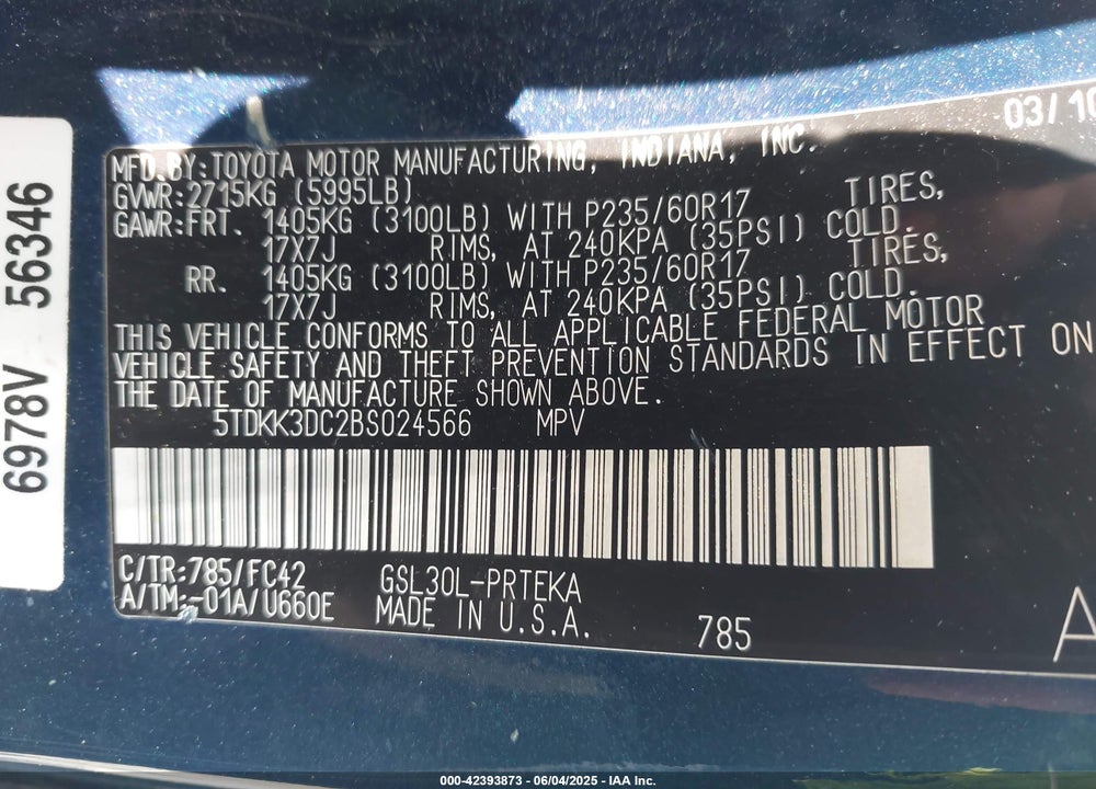 2011 TOYOTA SIENNA LE V6 VIN: 5TDKK3DC2BS024566