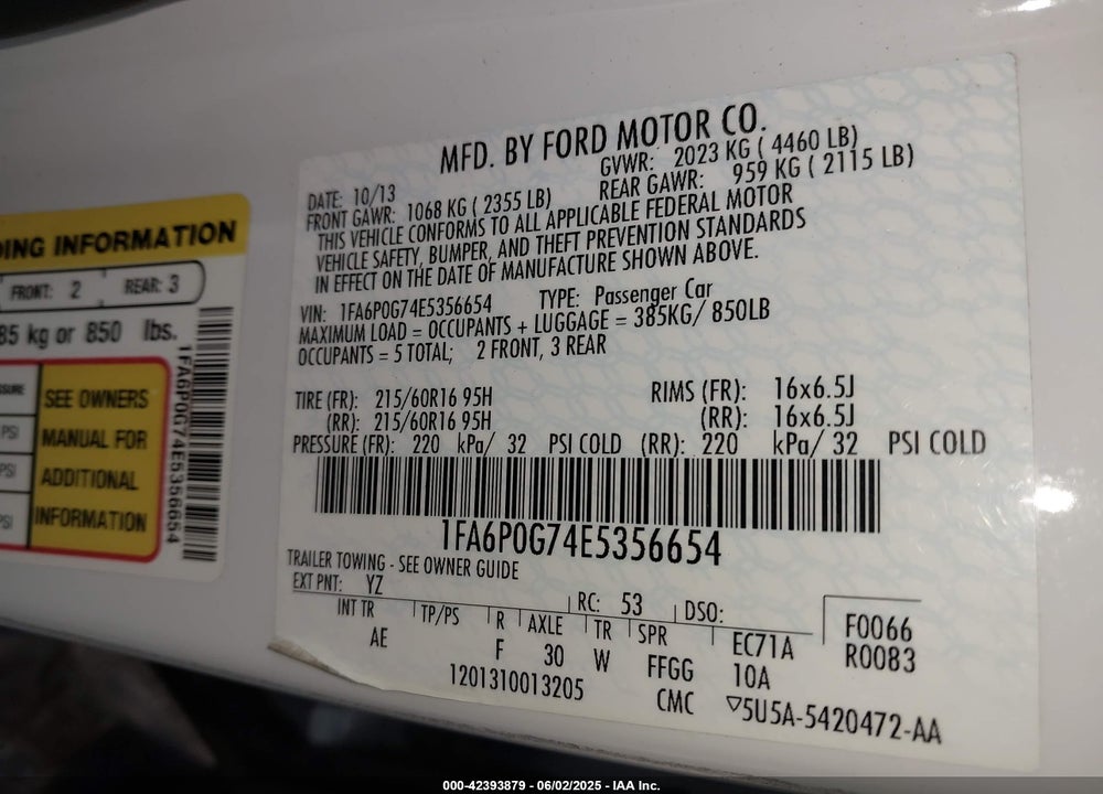 2014 FORD FUSION VIN: 1FA6P0G74E5356654