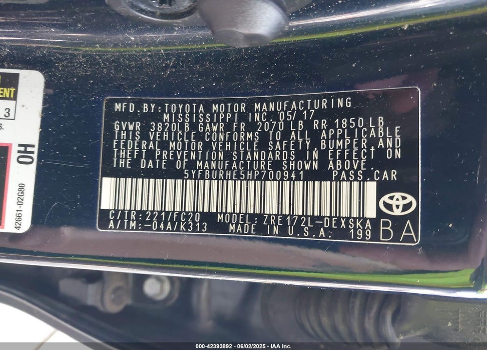 2017 TOYOTA COROLLA VIN: 5YFBURHE5HP700941