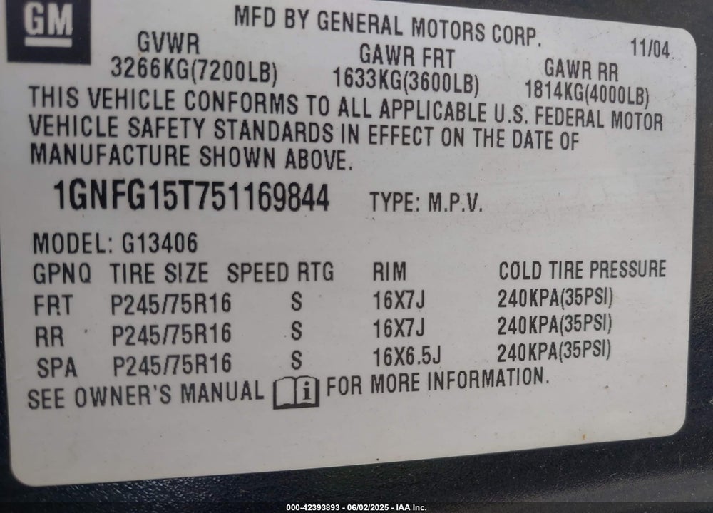 2005 CHEVROLET EXPRESS VIN: 1GNFG15T751169844