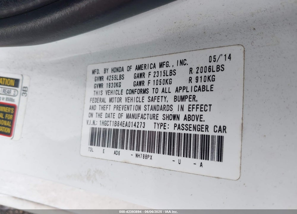 2014 HONDA ACCORD EX-L VIN: 1HGCT1B84EA014273