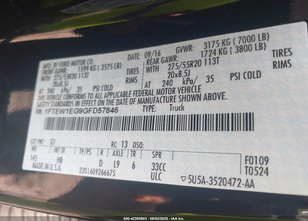 2016 FORD F-150 VIN: 1FTEW1EG9GFD57846