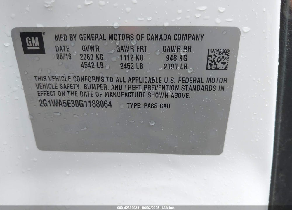 2016 CHEVROLET IMPALA LIMITED LS VIN: 2G1WA5E30G1188064