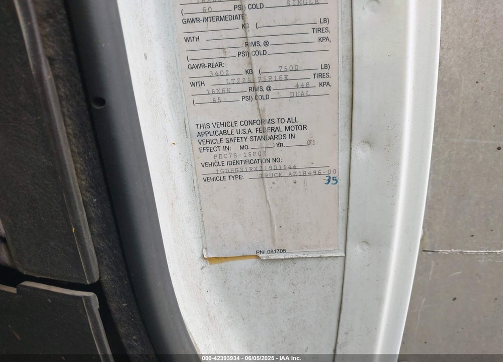 2002 GMC SAVANA CUTAWAY STANDARD VIN: 1GDHG31RX21901544